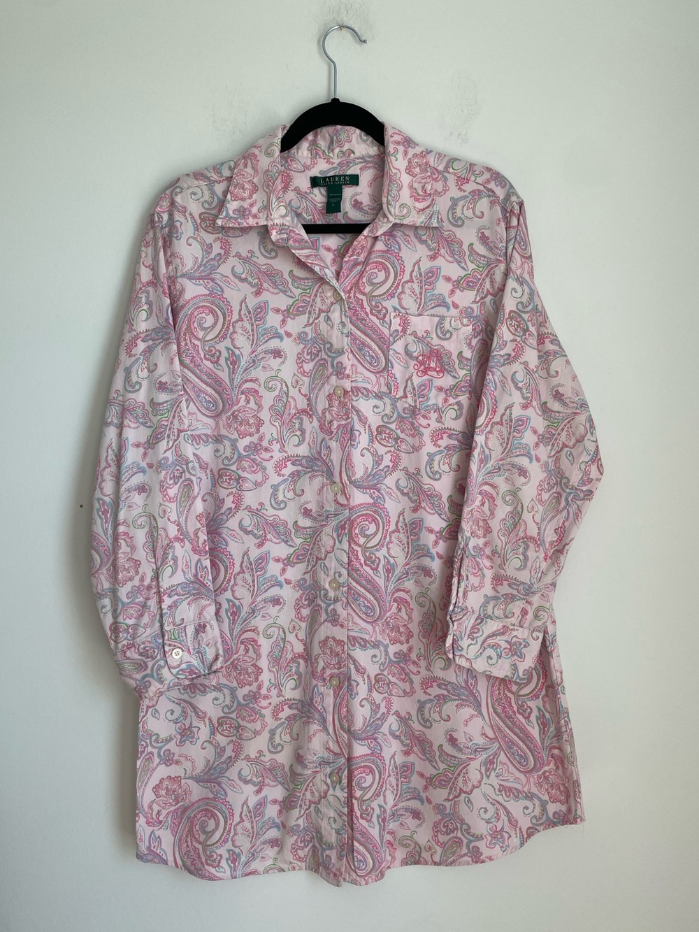 Lauren Ralph Lauren Pink Paisley 100% Cotton Night Shirt Dress Size L Preppy